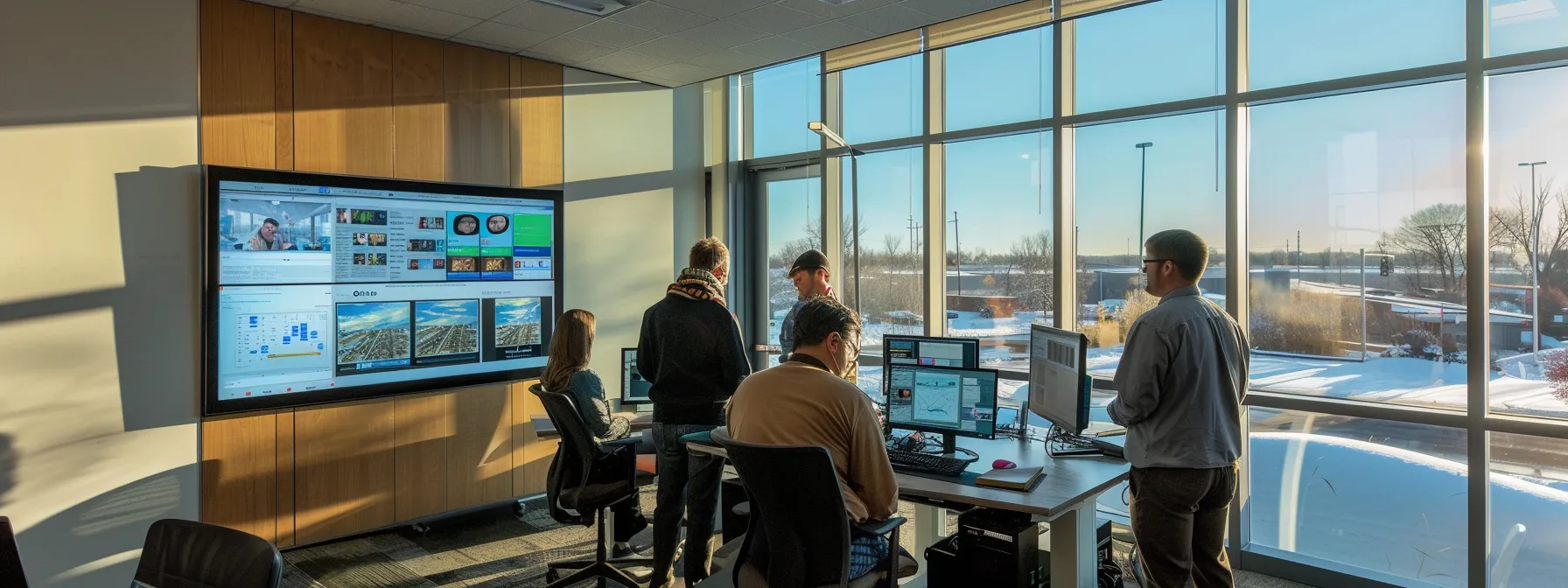 a team of professionals in a modern office in peoria, collaborating on a digital project on a large computer screen. a team of professionals in a modern office in peoria, collaborating on a digital project on a large computer screen.