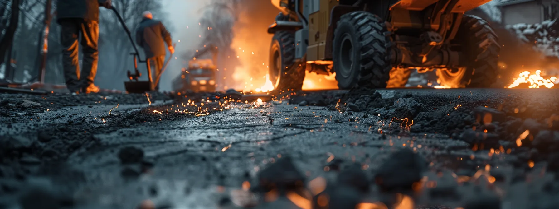 a team of skilled asphalt contractors meticulously repairing a cracked road surface under the glowing heat of an infrared machine. a team of skilled asphalt contractors meticulously repairing a cracked road surface under the glowing heat of an infrared machine.