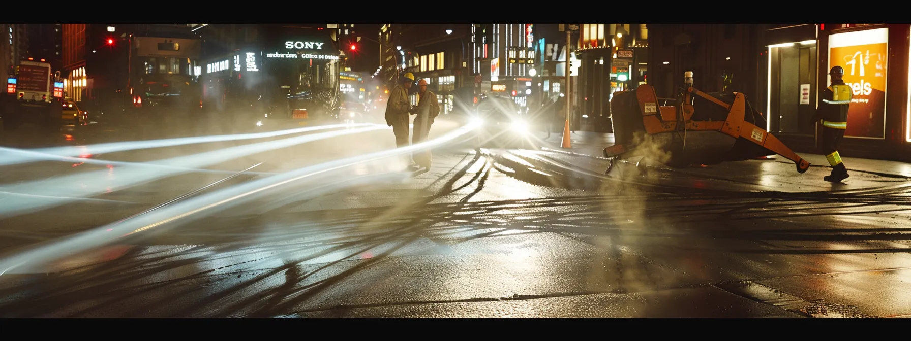 a team of uniformed workers meticulously applying a fresh layer of asphalt on a busy urban street, showcasing the precision and care involved in the overlay installation process under bright artificial lighting.