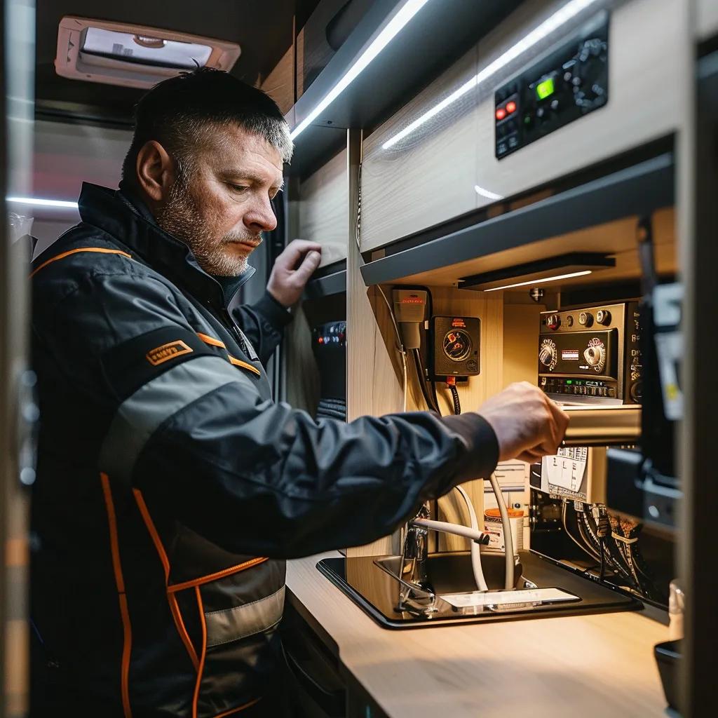 Technician performing a gas safety inspection inside a caravan