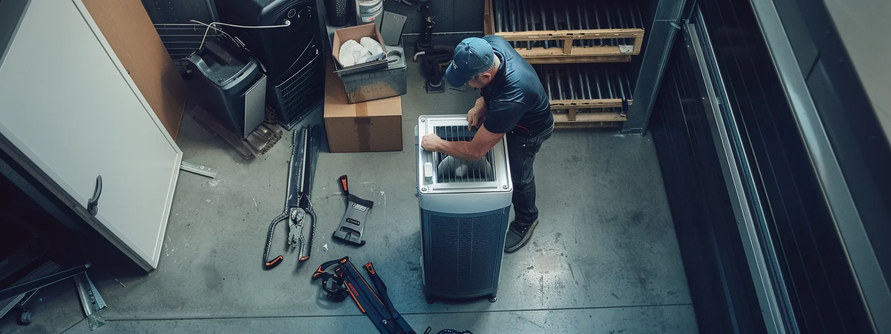 a technician carefully installing an air purifier in a modern commercial building's hvac system, with tools and equipment neatly organized around them. a technician carefully installing an air purifier in a modern commercial building's hvac system, with tools and equipment neatly organized around them.