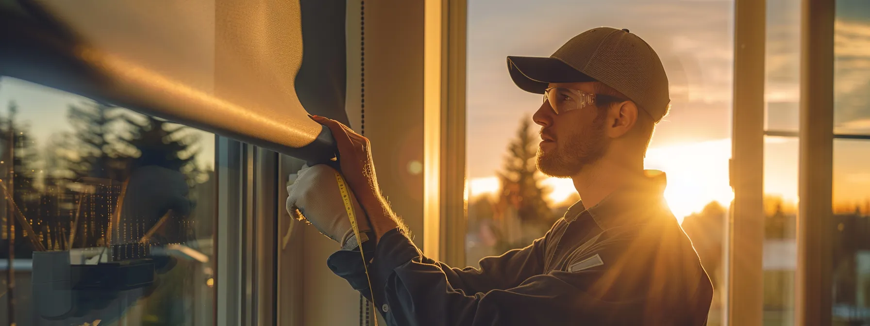 a technician carefully measuring windows for perfectly fitting uv protection roller shades. a technician carefully measuring windows for perfectly fitting uv protection roller shades.