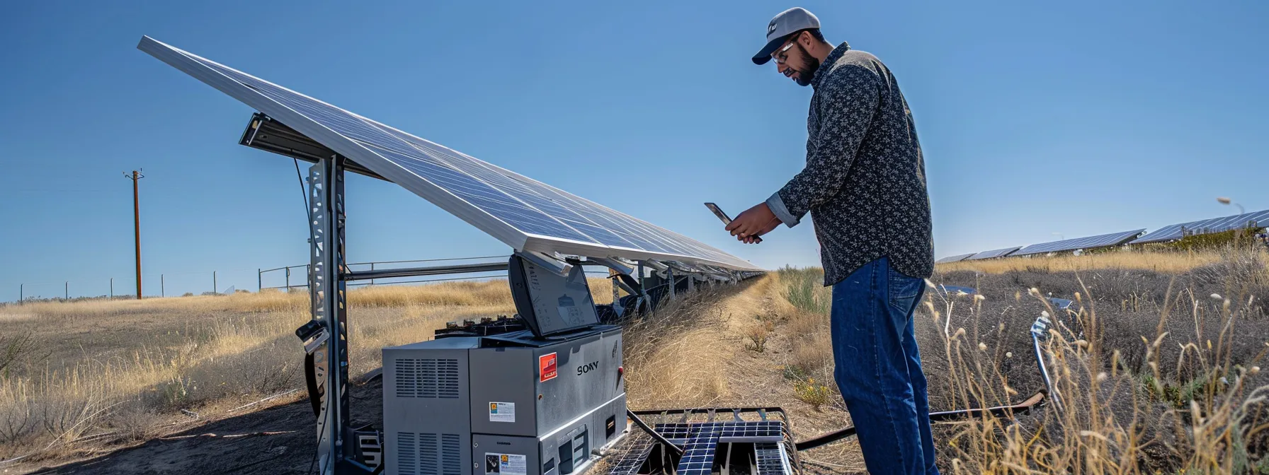 a technician inspecting a solar panel with advanced predictive maintenance tools to enhance efficiency and prevent potential failures. a technician inspecting a solar panel with advanced predictive maintenance tools to enhance efficiency and prevent potential failures.