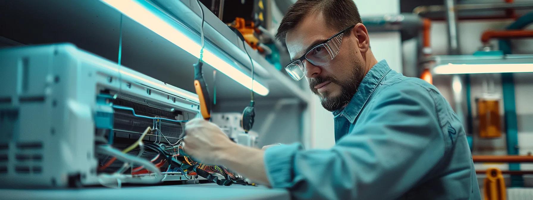 a technician meticulously examines the inner components of a kenwood air conditioning unit in a modern, well-lit service workshop, surrounded by tools and diagnostic equipment.