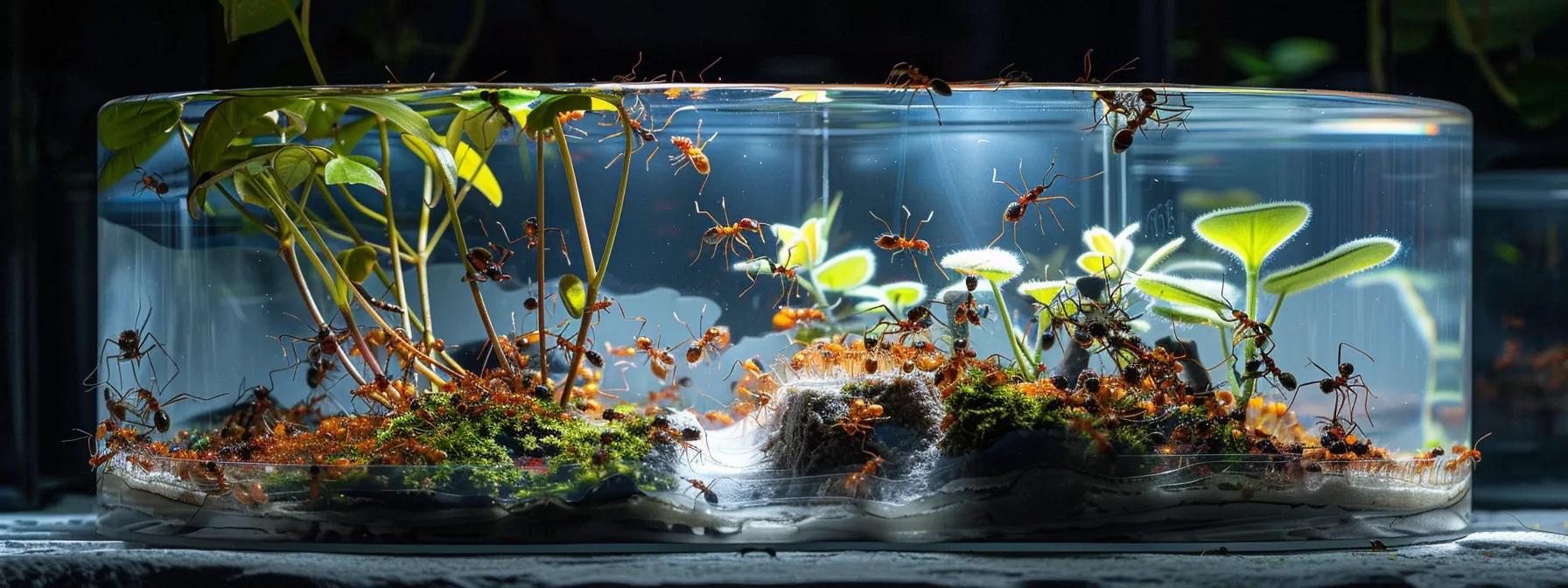 a thoughtfully arranged indoor ant farm setup featuring a vibrant hybrid enclosure with clear acrylic walls, showcasing ants actively tunneling through a dual-layer substrate, illuminated by soft, focused lighting to emphasize their intricate movements.