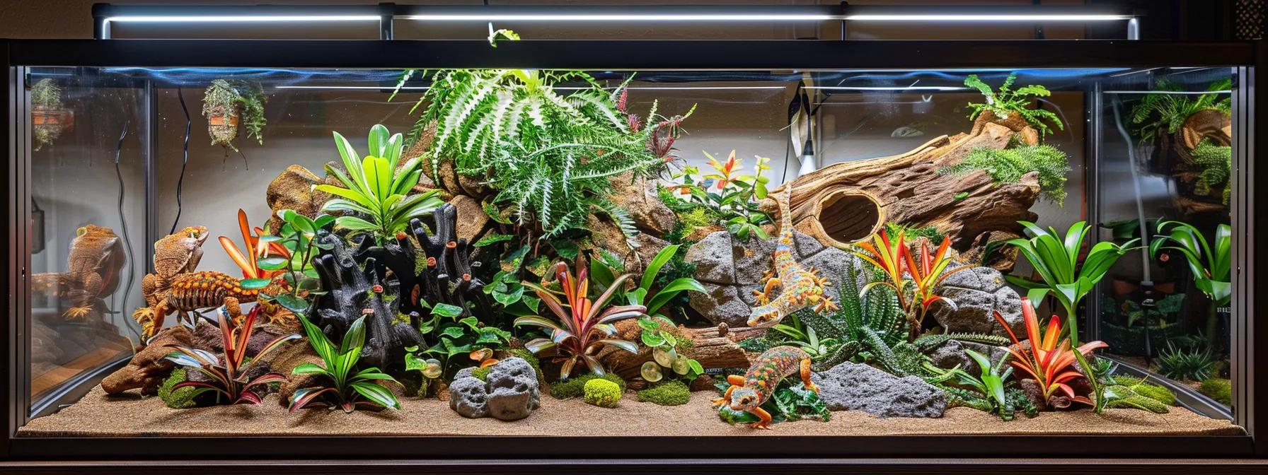 a thoughtfully arranged indoor habitat for a leopard gecko showcases a vibrant terrarium featuring various textured substrates, ceramic hiding spots, and a warming rock, all under warm, controlled lighting for an inviting and educational setup. a thoughtfully arranged indoor habitat for a leopard gecko showcases a vibrant terrarium featuring various textured substrates, ceramic hiding spots, and a warming rock, all under warm, controlled lighting for an inviting and educational setup.