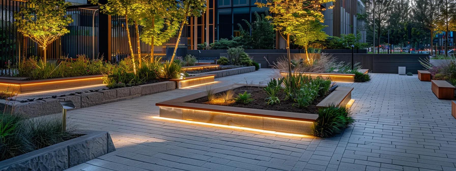 a thoughtfully designed urban plaza showcases locally sourced, sustainable materials in its hardscape, featuring distinct textures and colors that reflect the community's heritage, illuminated by strategically placed warm artificial lighting.