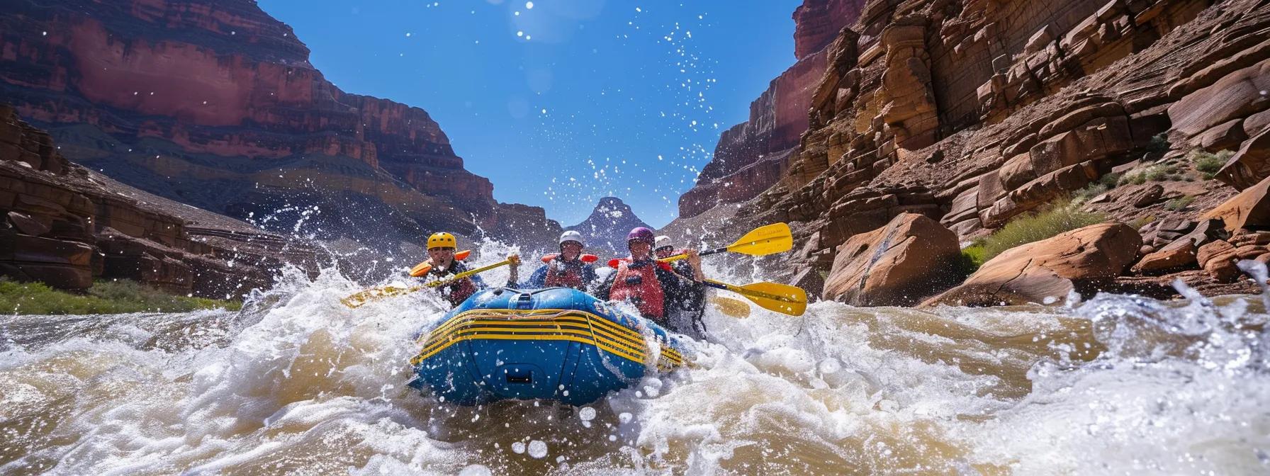 a thrilling close-up shot captures a group of exuberant college-bound friends navigating the rapids of a fast-flowing river, surrounded by rugged cliffs and a clear blue sky, embodying the excitement of their last rafting adventure before embarking on their new academic journey.