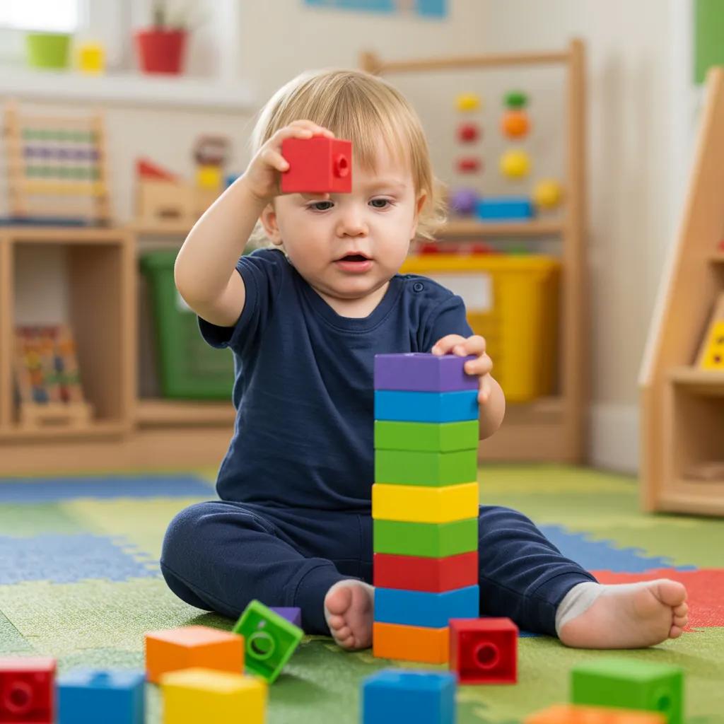 A toddler stacking colorful blocks, illustrating cognitive development through interactive play and problem-solving