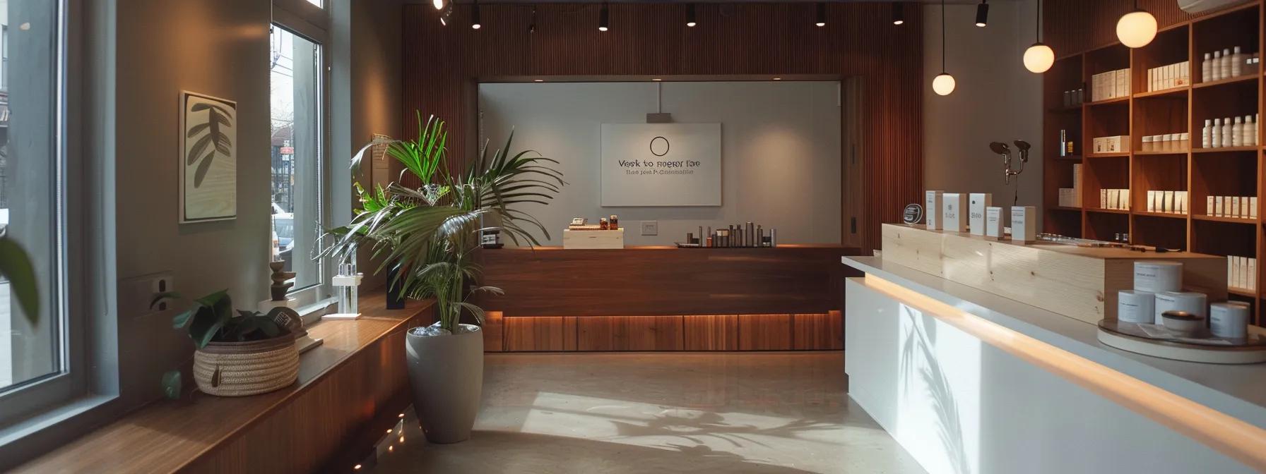 a tranquil brooklyn salon interior showcases a sleek waxing station, accented by warm lighting and minimalist decor, emphasizing a selection of specialized wax options for sensitive skin.