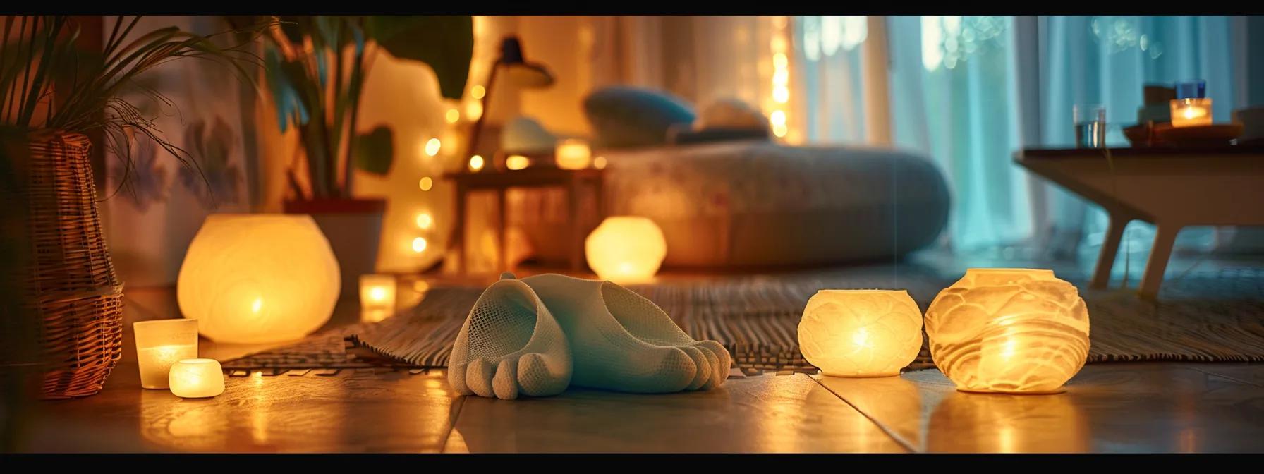 a tranquil indoor setting featuring a stylishly arranged foot spa with calming accessories, soft ambient lighting, and a tech-free zone that underscores the essence of a digital detox day at home. a tranquil indoor setting featuring a stylishly arranged foot spa with calming accessories, soft ambient lighting, and a tech-free zone that underscores the essence of a digital detox day at home.
