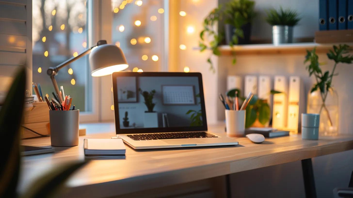 a tranquil, organized home office space featuring a minimalist desk with neatly arranged stationery and a planner opened to a clean slate, accented by soft, ambient lighting that emphasizes clarity and focus, symbolizing the start of a home reset journey.