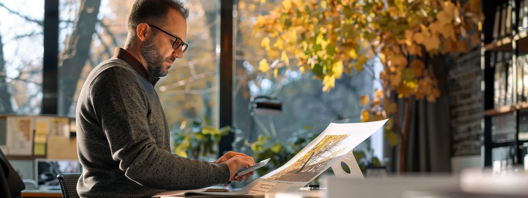 a tree care expert in a modern urban office examines detailed photographs of wilting foliage and peeling bark on a digital tablet, surrounded by diagnostic tools and charts reflecting a commitment to tree health management.