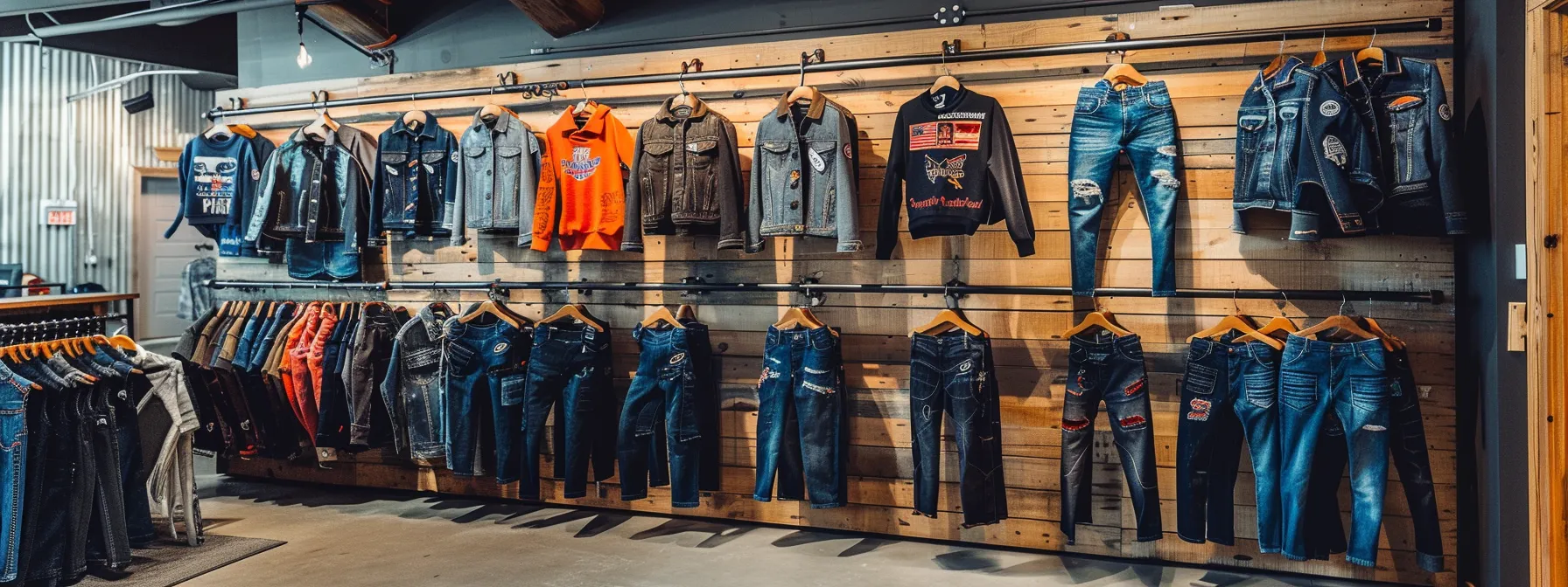 a trendy display of stylish jordan craig kids jeans in a modern, upscale boutique setting, showcasing the evolution of the brand from its humble beginnings in queens. a trendy display of stylish jordan craig kids jeans in a modern, upscale boutique setting, showcasing the evolution of the brand from its humble beginnings in queens.