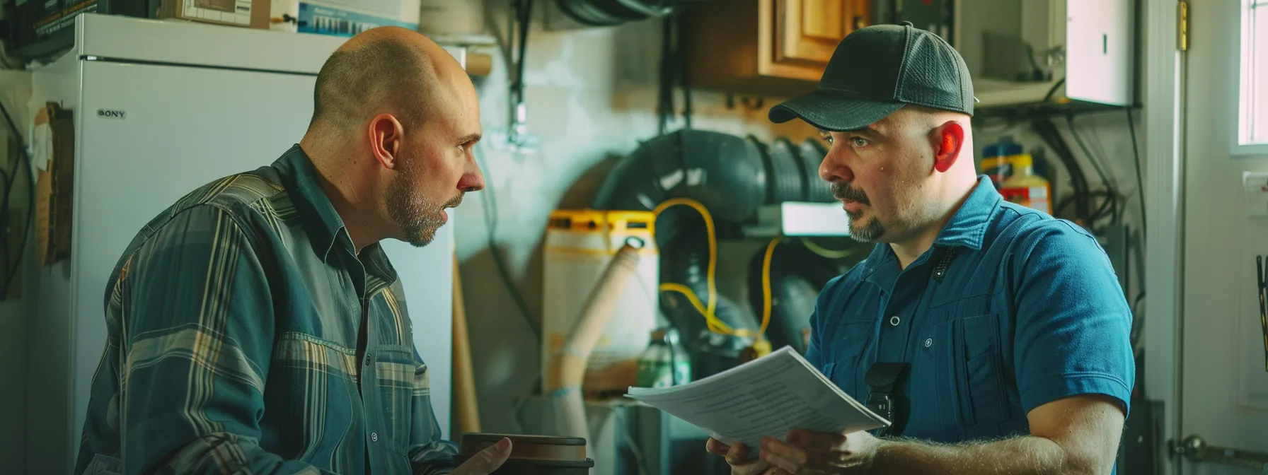 a trustworthy hvac contractor discussing maintenance plans with a homeowner in newark. a trustworthy hvac contractor discussing maintenance plans with a homeowner in newark.