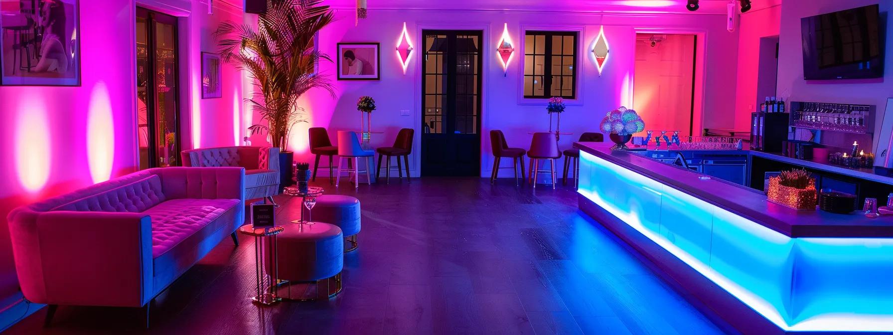 une salle de réception élégamment décorée, dotée d'un équipement audio-visuel moderne et d'un espace de restauration stylisé, prête à accueillir un anniversaire adulte dans une ambiance festive. une salle de réception élégamment décorée, dotée d'un équipement audio-visuel moderne et d'un espace de restauration stylisé, prête à accueillir un anniversaire adulte dans une ambiance festive.