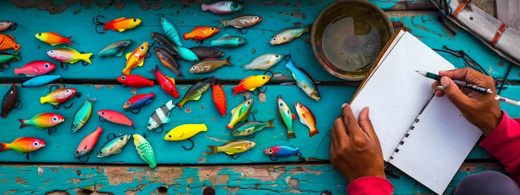a person observing a variety of colorful baits spread out on a fishing dock, with a journal and pen nearby for tracking successes and failures. a person observing a variety of colorful baits spread out on a fishing dock, with a journal and pen nearby for tracking successes and failures.