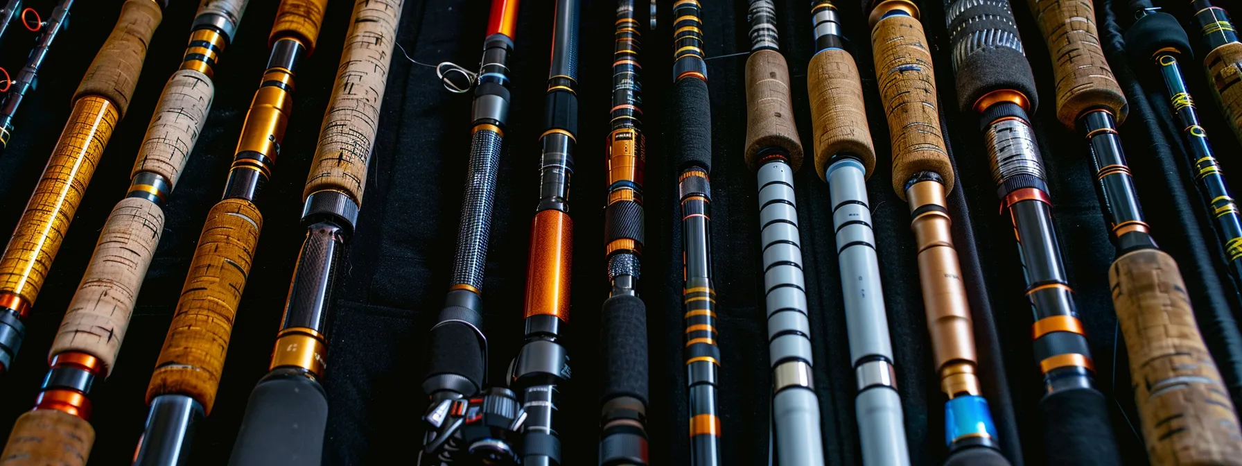 a variety of fishing rods made from different materials lined up for testing and comparison. a variety of fishing rods made from different materials lined up for testing and comparison.