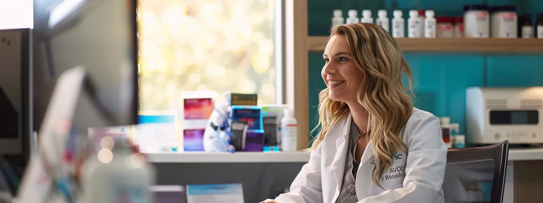 a veterinary professional, confidently seated in a modern clinic, reviews pet care product data with a backdrop of vibrant avoderm packaging, illustrating the positive impact on skin and coat health for pets with allergies. a veterinary professional, confidently seated in a modern clinic, reviews pet care product data with a backdrop of vibrant avoderm packaging, illustrating the positive impact on skin and coat health for pets with allergies.