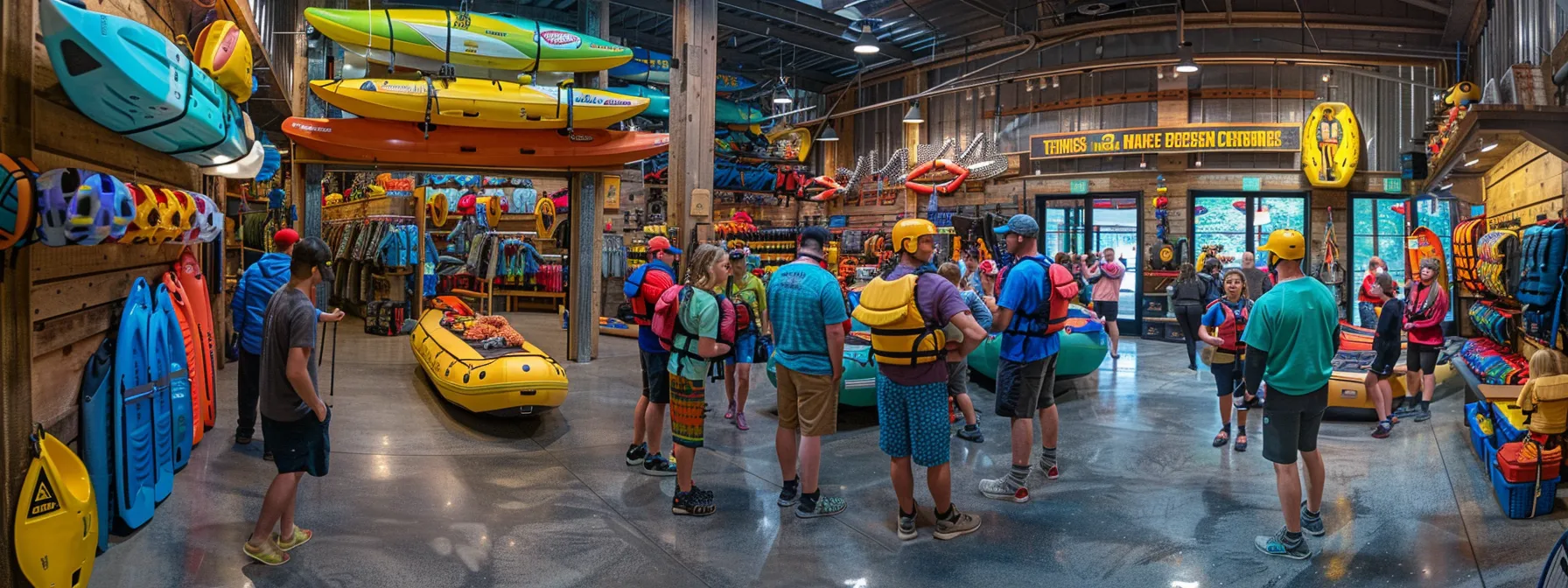 a vibrant, action-packed indoor scene captures a group of adventurers gearing up in a bustling whitewater rafting outfitter's shop, surrounded by colorful gear and safety equipment, emphasizing the excitement and preparation for a thrilling tennessee rafting experience.