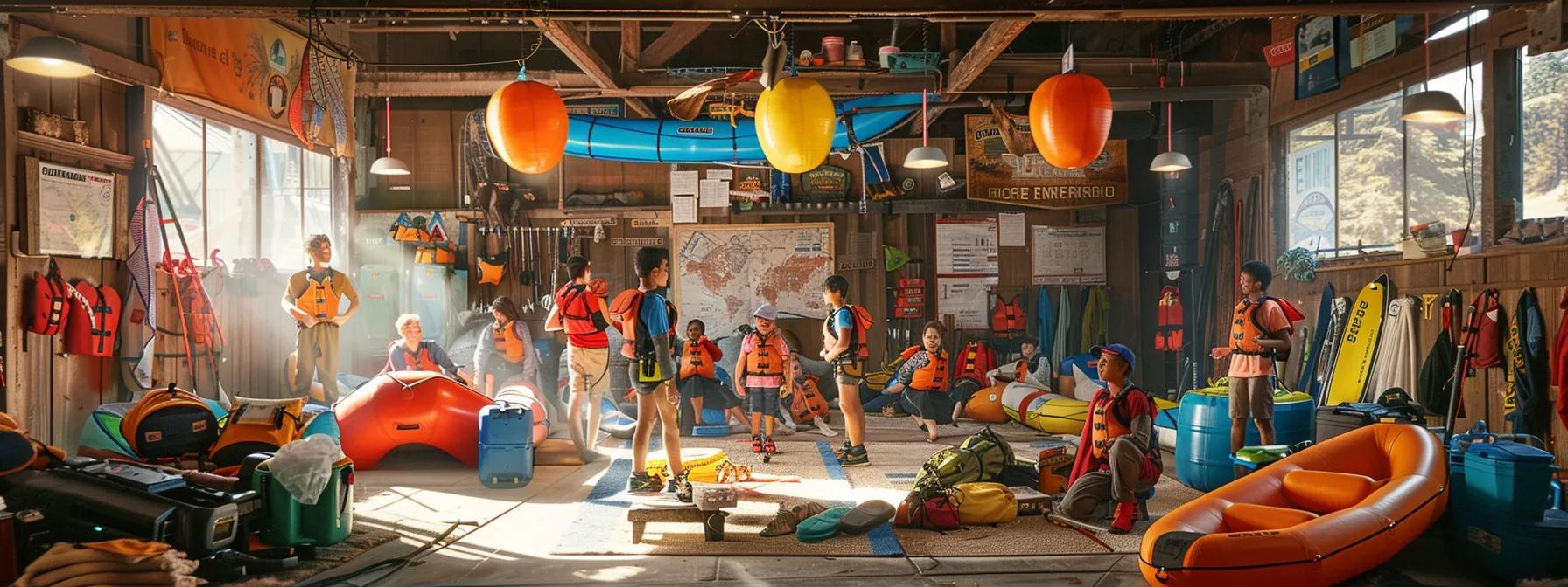 a vibrant, action-packed scene of a group of adventurers preparing for a thrilling whitewater rafting overnight trip, set in an organized urban outfitter's base camp filled with colorful gear and safety equipment, against a backdrop of river maps and excited anticipation.
