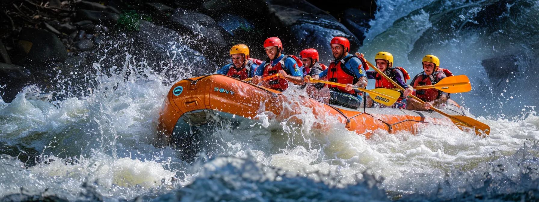 a vibrant, action-packed scene captures rafters navigating the thrilling rapids of the ocoee river, led by professional guides in a well-equipped, brightly colored raft, embodying both excitement and safety in an exhilarating adventure.