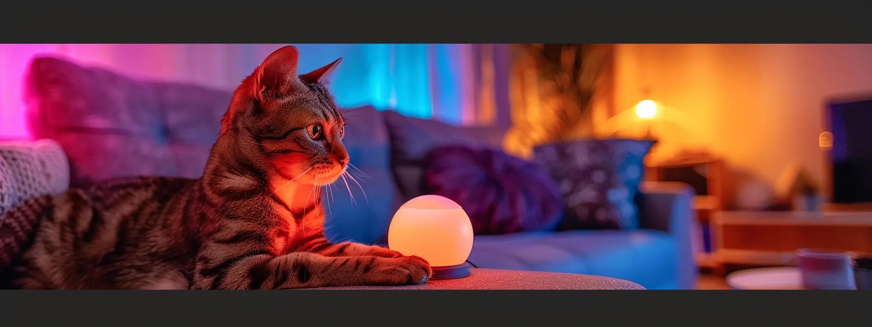 a vibrant and dynamic indoor scene showcases an enthusiastic cat engaging playfully with a high-tech interactive toy, featuring colorful lights and enticing sounds, set against a modern, stylish living room backdrop. a vibrant and dynamic indoor scene showcases an enthusiastic cat engaging playfully with a high-tech interactive toy, featuring colorful lights and enticing sounds, set against a modern, stylish living room backdrop.