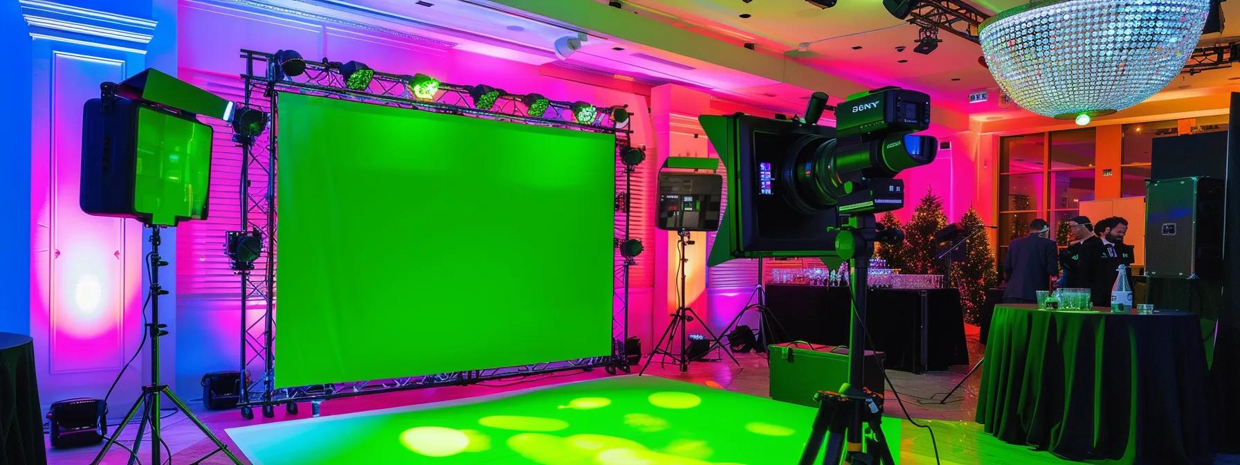 a vibrant and dynamic photo booth setup at a stylish wedding event showcases high-quality cameras, a colorful green screen backdrop, and engaging digital sharing stations, inviting guests to capture and instantly print their joyful memories. a vibrant and dynamic photo booth setup at a stylish wedding event showcases high-quality cameras, a colorful green screen backdrop, and engaging digital sharing stations, inviting guests to capture and instantly print their joyful memories.