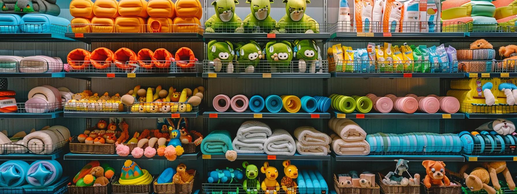 a vibrant and educational display in a modern pet supply store showcases an array of brightly colored, safe dog toys made from various materials like natural rubber and nylon, emphasizing their durability and non-toxic features against a sleek, organized backdrop. a vibrant and educational display in a modern pet supply store showcases an array of brightly colored, safe dog toys made from various materials like natural rubber and nylon, emphasizing their durability and non-toxic features against a sleek, organized backdrop.