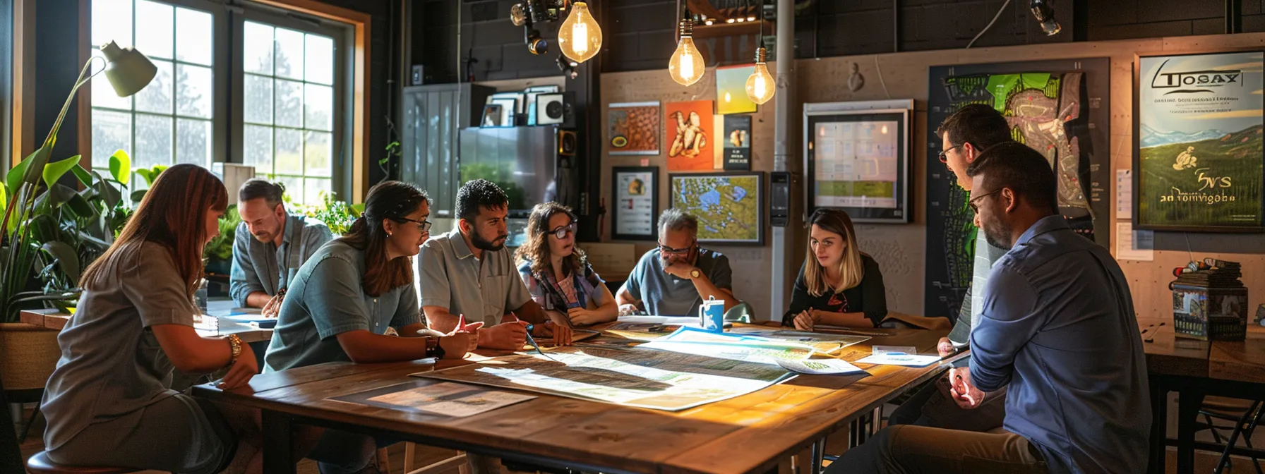 a vibrant and energetic indoor planning session, featuring a diverse group of excited individuals gathered around a modern conference table, intently discussing maps and brochures for summer rafting trips in tennessee, illuminated by bright overhead lights to convey a sense of anticipation and adventure.