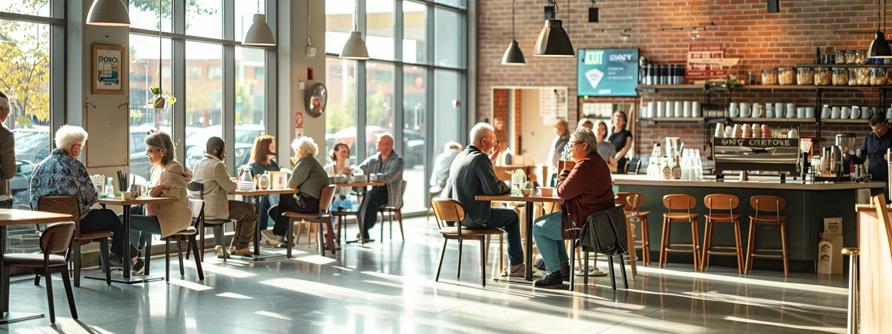 a vibrant and engaging communal space filled with older adults socializing over coffee, surrounded by stylish urban decor and contemporary furnishings in a well-lit café setting.