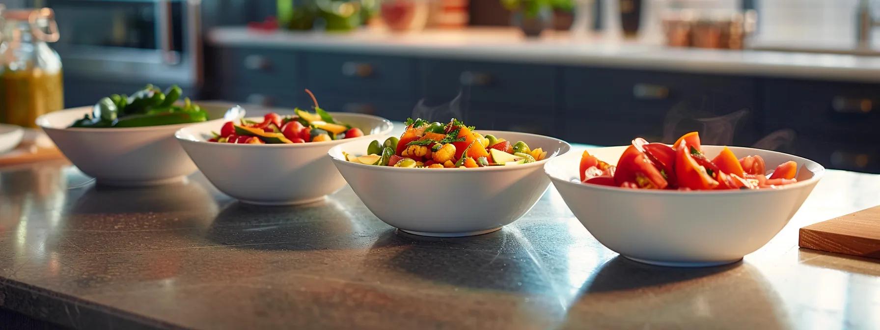 a vibrant and informative image captures a modern kitchen countertop displaying three distinct bowls of meticulously prepared meals, each tailored for a different life stage of a bearded dragon—baby, juvenile, and adult—highlighting their unique dietary needs with an emphasis on colorful ingredients and proper portioning.