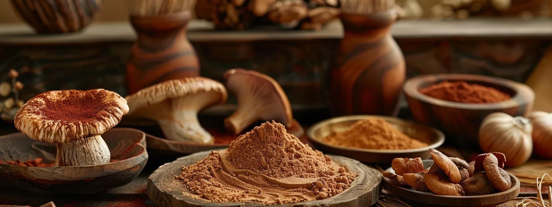 a vibrant and inviting display of various forms of reishi mushroom powder, beautifully arranged with natural elements, showcasing its health benefits and preparation methods under warm, soft lighting.