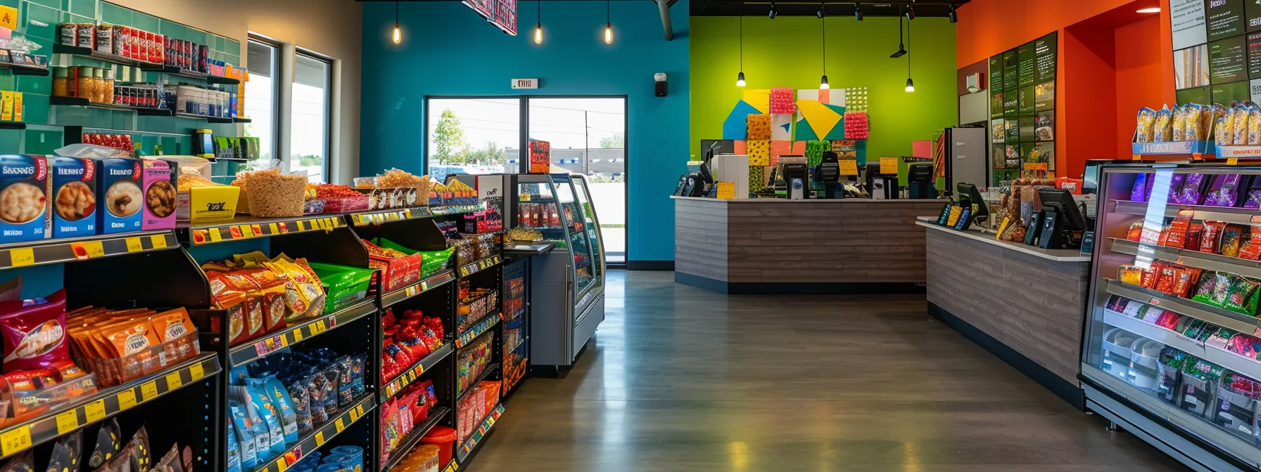 a vibrant and modern micro market setup at necco coffee in overland park, kansas, showcasing a colorful array of snacks, beverages, and fresh food options for employees.