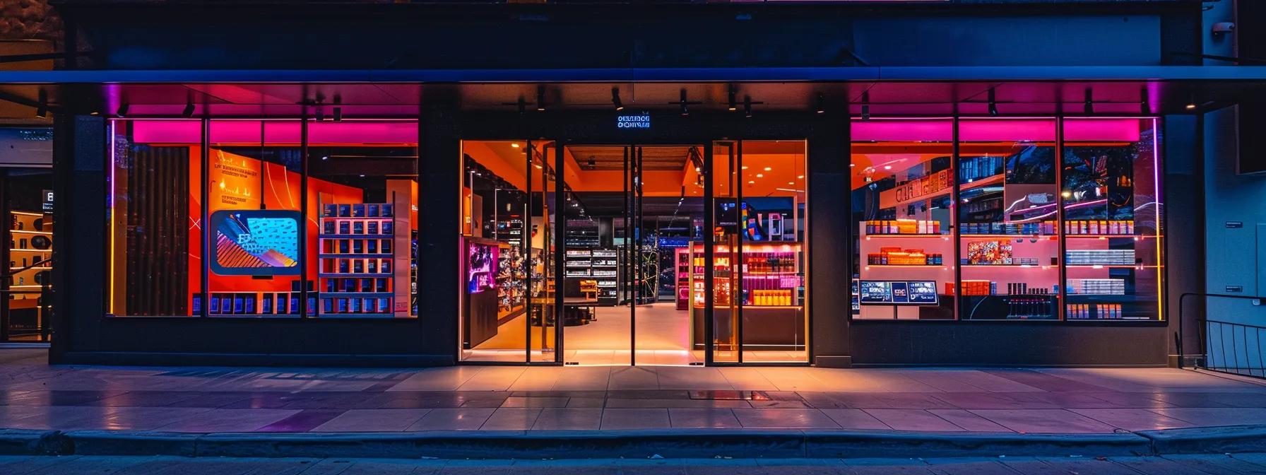 a vibrant and modern retail storefront displays a variety of delta-9 thc products under sleek, colorful lighting, set against a bustling urban backdrop. a vibrant and modern retail storefront displays a variety of delta-9 thc products under sleek, colorful lighting, set against a bustling urban backdrop.