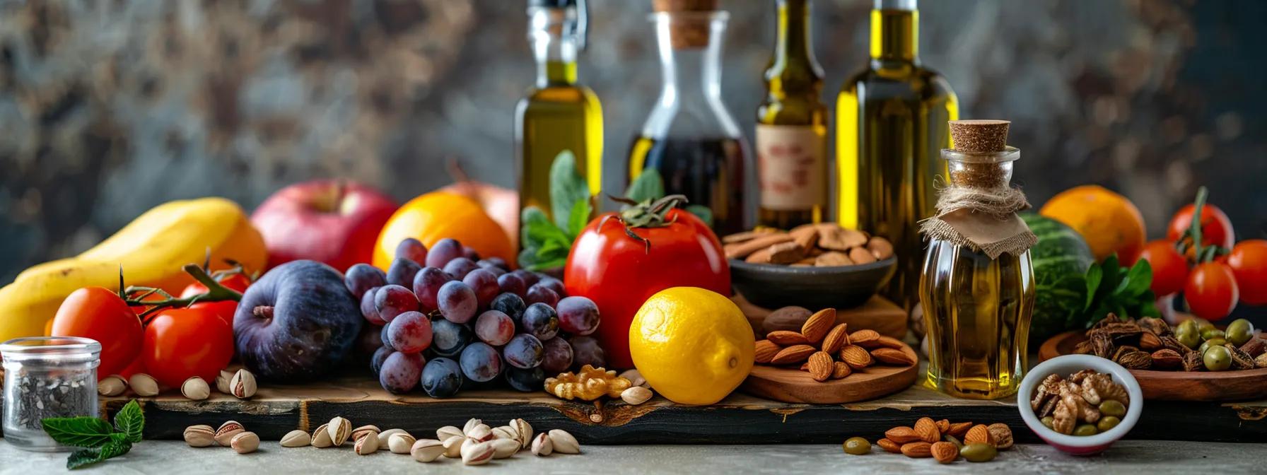 a vibrant and neatly arranged display of various foods rich in vitamin e, including colorful fruits, glossy nuts, and bottles of vegetable oils, set against a sleek, modern kitchen backdrop with professional lighting to highlight their textures and colors.