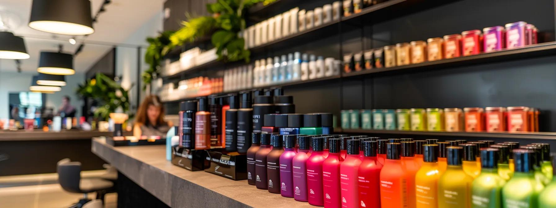 a vibrant and organised salon interior, showcasing a range of atsi hair & supplies products displayed elegantly on sleek shelving, with a stylist mixing vivid salon tints and a satisfied client experiencing a hair treatment in the background, all illuminated by warm, professional lighting to enhance the rich colours and inviting atmosphere. a vibrant and organised salon interior, showcasing a range of atsi hair & supplies products displayed elegantly on sleek shelving, with a stylist mixing vivid salon tints and a satisfied client experiencing a hair treatment in the background, all illuminated by warm, professional lighting to enhance the rich colours and inviting atmosphere.