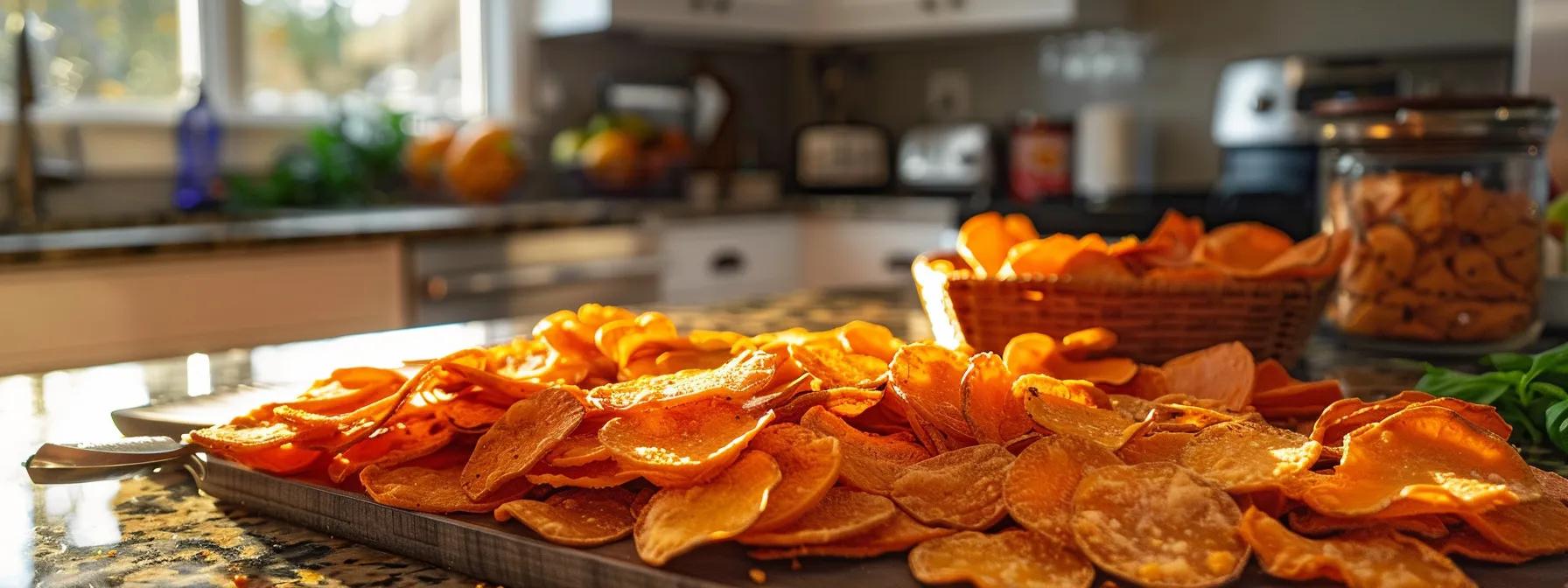 a vibrant and organized kitchen countertop showcases golden-brown, crisp sweet potato chips and glossy, freshly made chicken jerky, emphasizing their appeal as wholesome, single-ingredient treats for dogs, illuminated by warm overhead lighting. a vibrant and organized kitchen countertop showcases golden-brown, crisp sweet potato chips and glossy, freshly made chicken jerky, emphasizing their appeal as wholesome, single-ingredient treats for dogs, illuminated by warm overhead lighting.