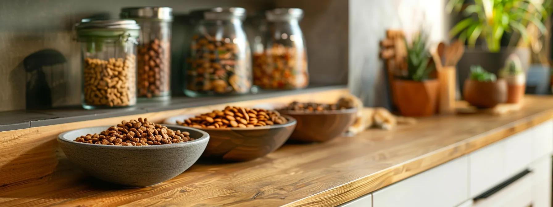 a vibrant and organized kitchen counter displays neatly arranged contrasting bowls of wet and dry dog food, highlighting their distinct packaging and textures against a backdrop of a pet-friendly urban home.