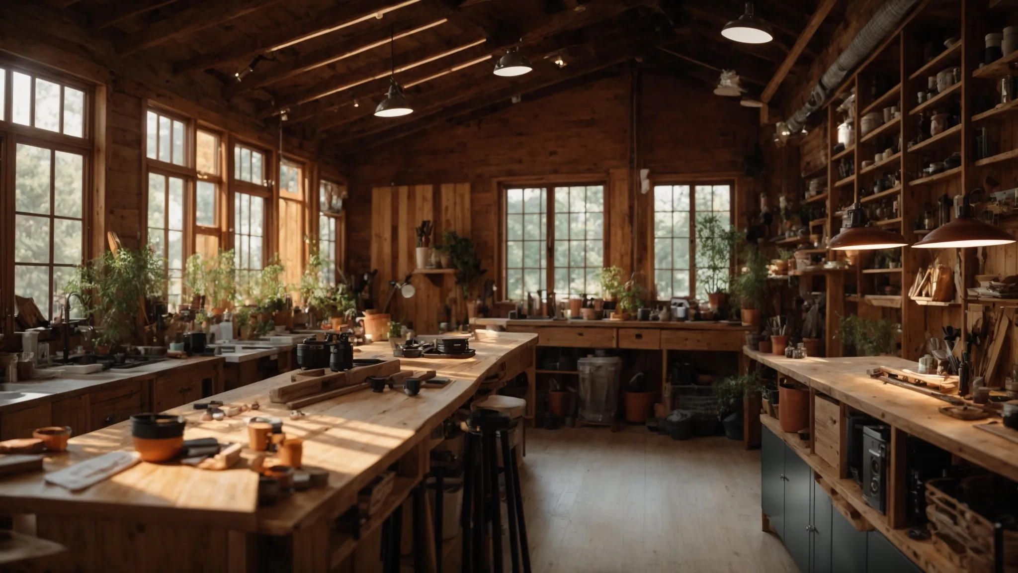 a vibrant and organized workshop bathed in warm, natural light displays an array of essential renovation tools, emphasizing a creative and inspiring atmosphere for a successful home transformation.