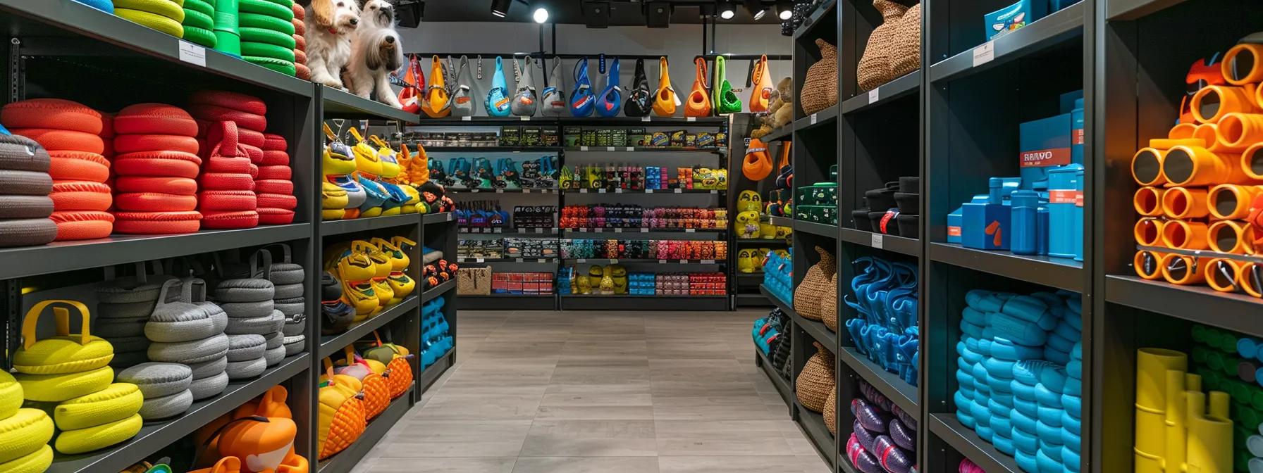 a vibrant and well-organized pet supply store interior showcases a variety of durable and colorful dog chew toys prominently displayed on sleek shelves, highlighting materials like rubber and nylon against a clean, modern backdrop. a vibrant and well-organized pet supply store interior showcases a variety of durable and colorful dog chew toys prominently displayed on sleek shelves, highlighting materials like rubber and nylon against a clean, modern backdrop.