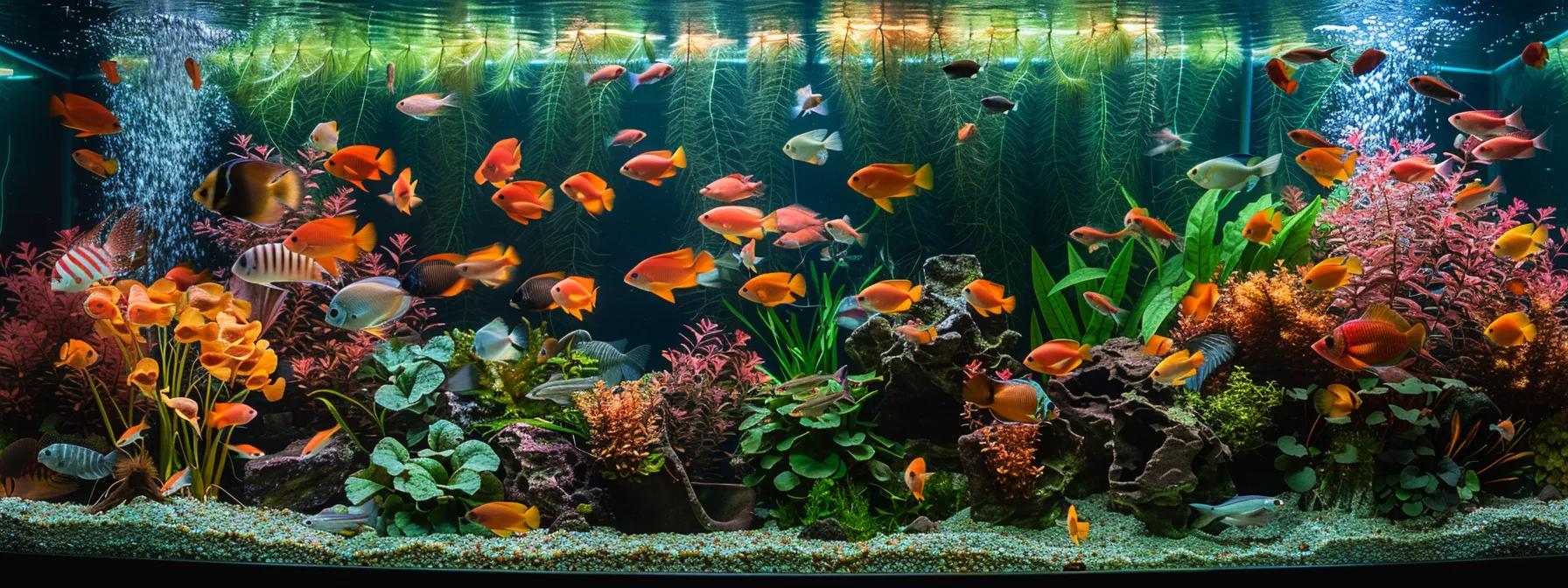a vibrant aquarium filled with a diverse array of colorful freshwater fish, arranged to reflect various tank sizes, showcasing miniature species in a small tank and larger, exotic varieties in an expansive setup, all under dynamic artificial lighting to highlight their unique characteristics. a vibrant aquarium filled with a diverse array of colorful freshwater fish, arranged to reflect various tank sizes, showcasing miniature species in a small tank and larger, exotic varieties in an expansive setup, all under dynamic artificial lighting to highlight their unique characteristics.