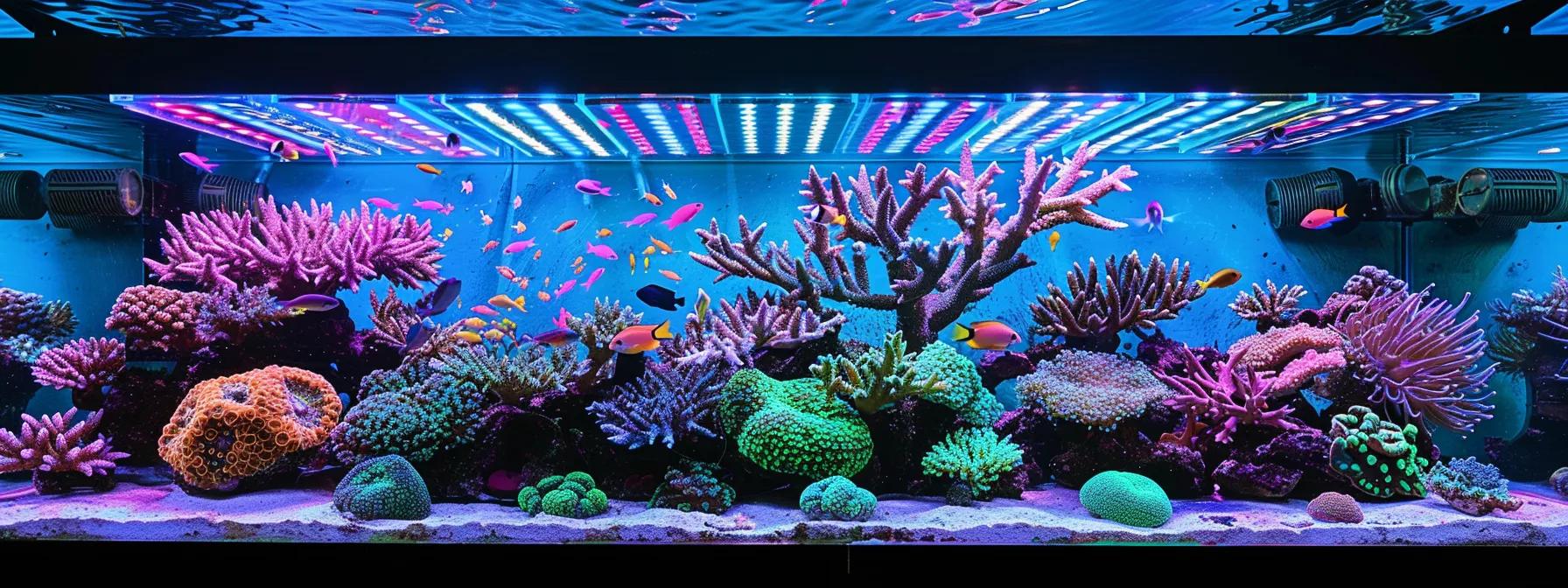 a vibrant aquarium illuminated by a dynamic led lighting system showcases the striking contrast of colorful corals and fish, highlighting the distinct spectral outputs of full spectrum, actinic, and customizable rgb lights in a modern, sleek indoor setting. a vibrant aquarium illuminated by a dynamic led lighting system showcases the striking contrast of colorful corals and fish, highlighting the distinct spectral outputs of full spectrum, actinic, and customizable rgb lights in a modern, sleek indoor setting.