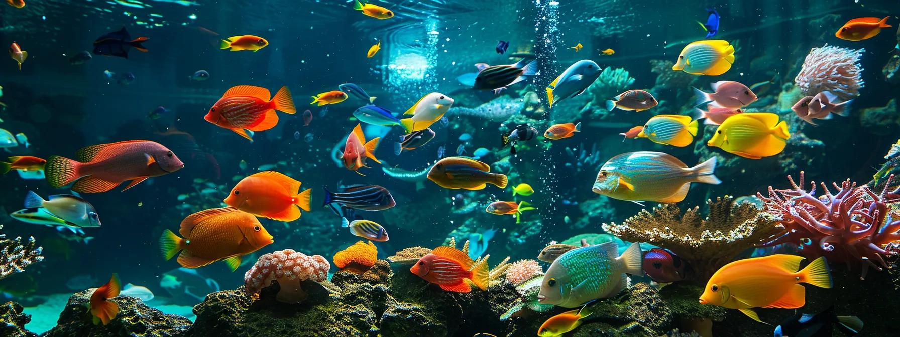 a vibrant aquarium scene showcases a variety of striking freshwater fish, each highlighted by their unique colors and patterns, engaged in playful behavior amidst a carefully designed underwater landscape, illuminated by soft, colorful led lighting. a vibrant aquarium scene showcases a variety of striking freshwater fish, each highlighted by their unique colors and patterns, engaged in playful behavior amidst a carefully designed underwater landscape, illuminated by soft, colorful led lighting.