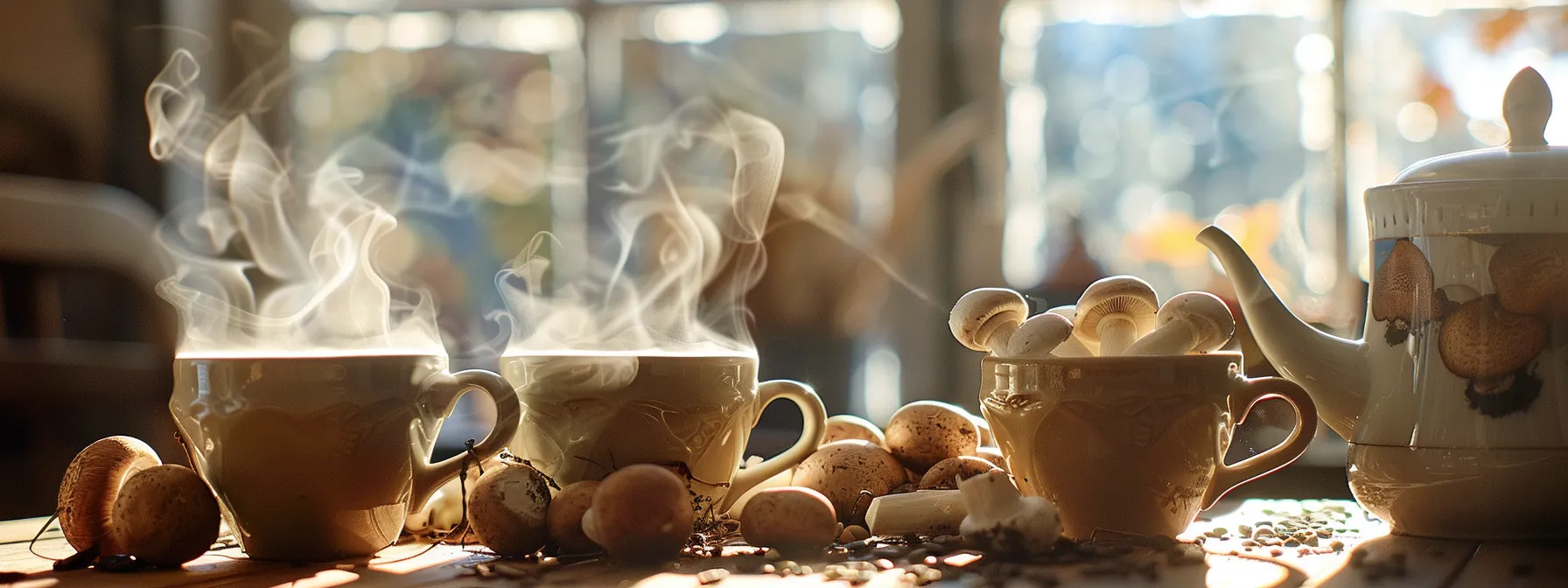 a vibrant arrangement of steaming mushroom coffee cups alongside traditional coffee mugs, illuminated by soft, natural light to highlight the earthy tones and textures of the mushroom varieties, evokes a sense of wellness and holistic health.