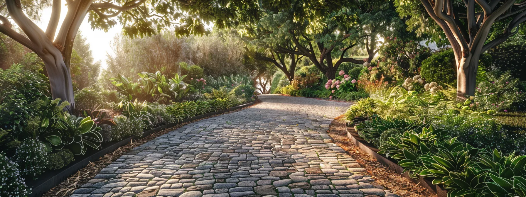 a vibrant array of native plants and trees lining a flagstone driveway, creating a sustainable and inviting entrance to a home. a vibrant array of native plants and trees lining a flagstone driveway, creating a sustainable and inviting entrance to a home.