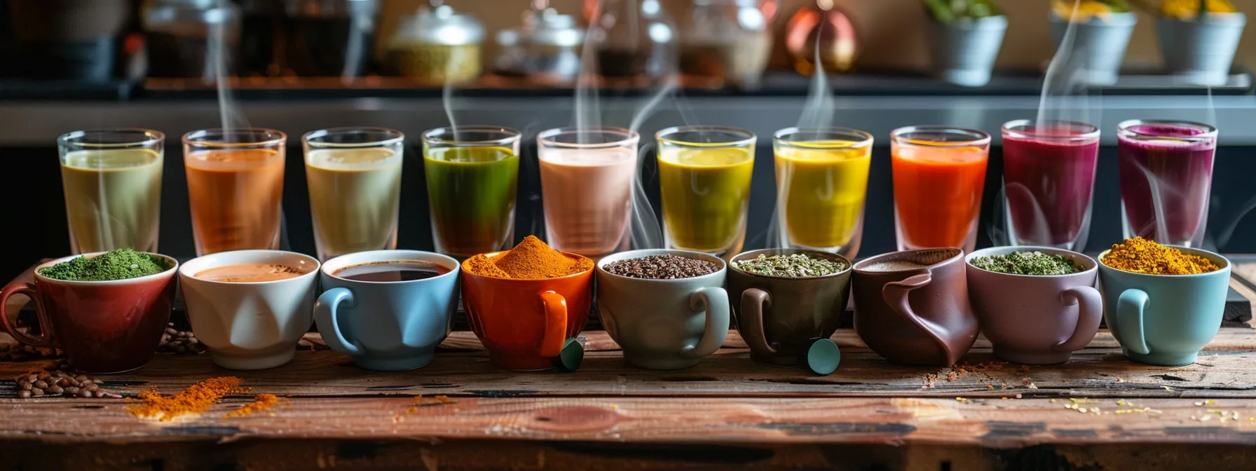 a vibrant array of steaming coffee alternatives in an elegant café setting, showcasing colorful blends of turmeric, matcha, and herbal infusions, each exuding a unique aura of health and vitality.