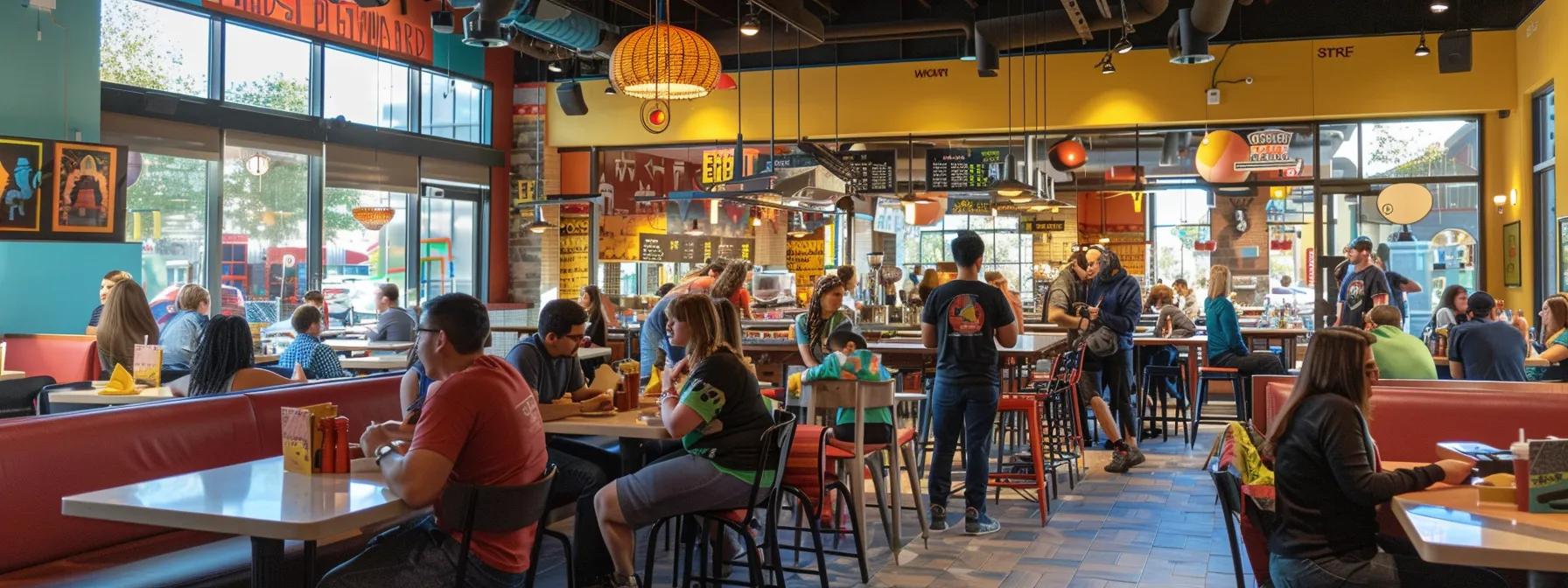 a vibrant, bustling family-friendly dining space features colorful decor and inviting tables filled with families enjoying a variety of delicious meals, surrounded by cozy booths and cheerful staff in a lively urban setting.