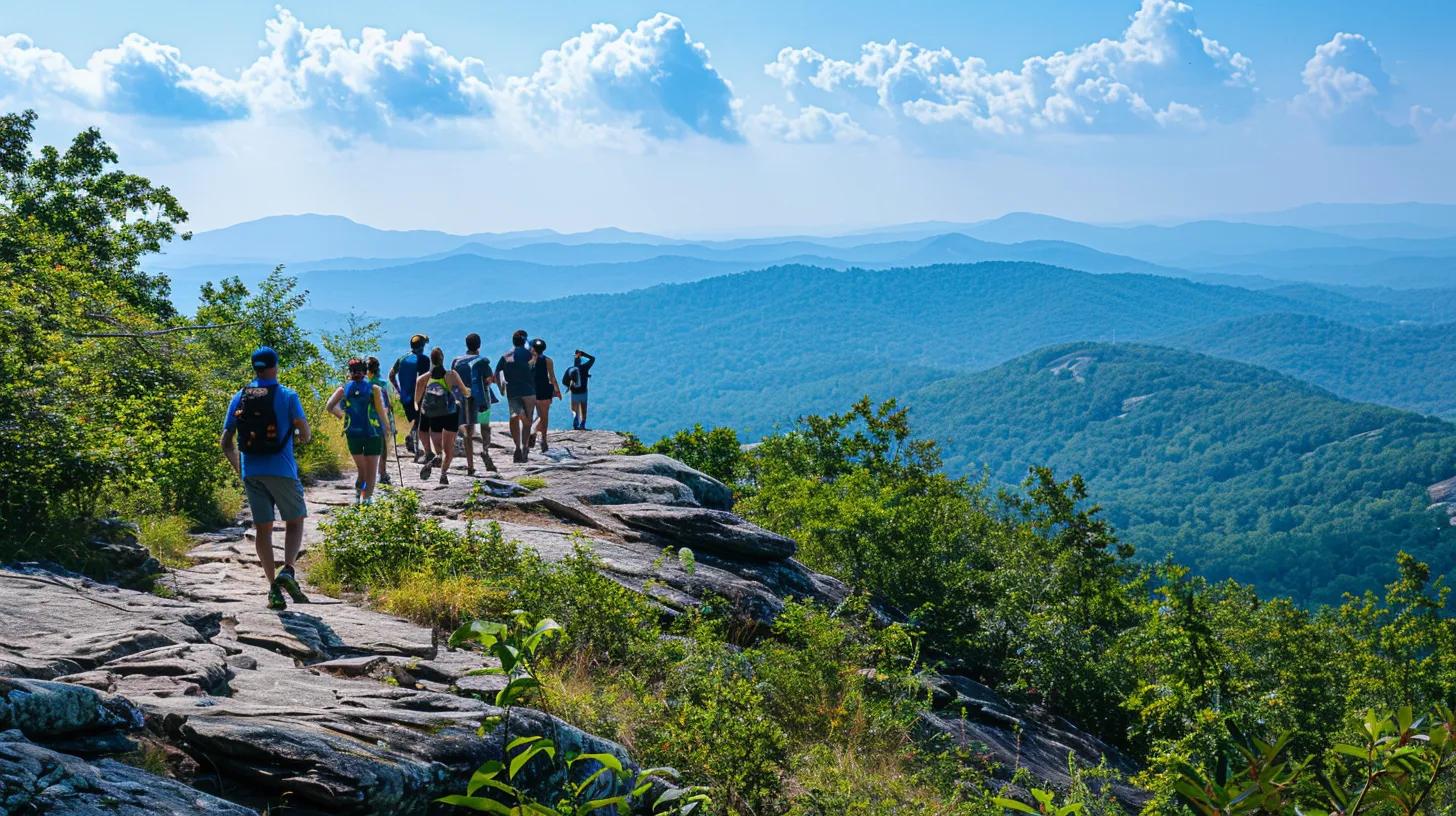 a vibrant, bustling outdoor adventure scene in blue ridge, ga, showcasing diverse groups of people engaged in various activities on well-defined trails, including a family trekking with backpacks, trail runners in dynamic motion, and bird watchers with binoculars, all against a backdrop of rugged terrain and clear blue skies.