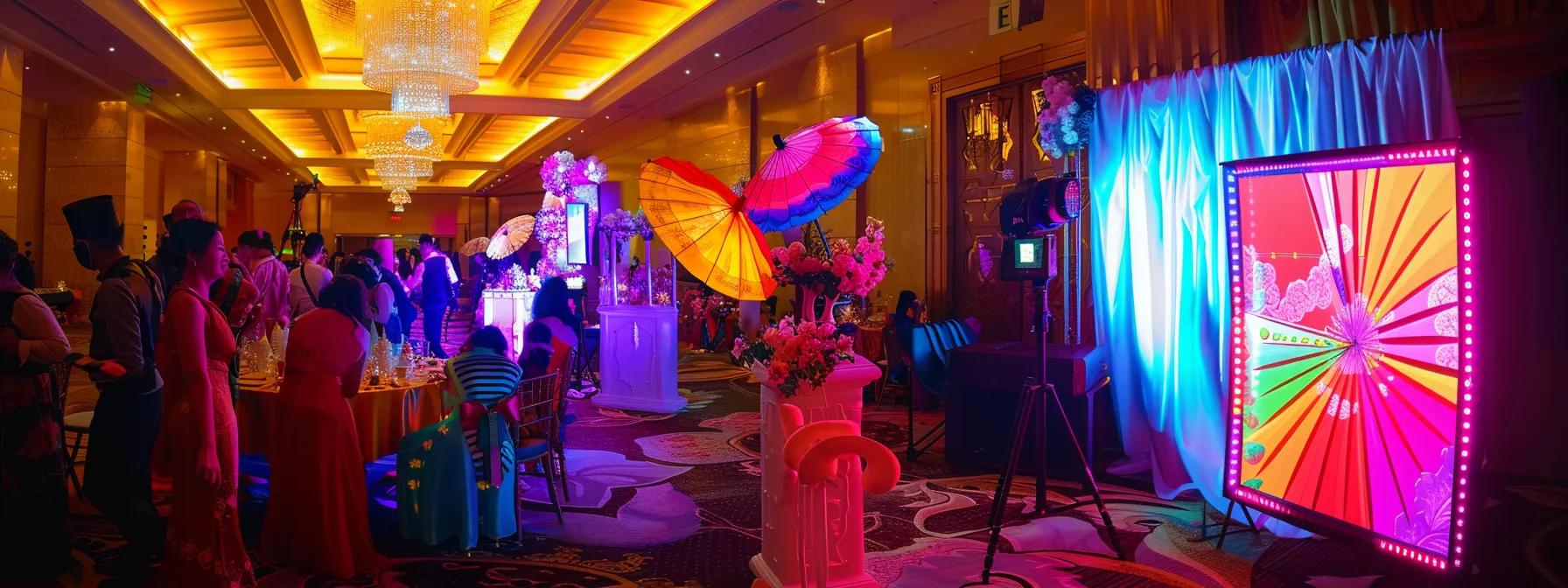 a vibrant, bustling photo booth at a stylish wedding reception, adorned with colorful props and a stunning backdrop, radiating joy and excitement amidst a softly lit ambiance. a vibrant, bustling photo booth at a stylish wedding reception, adorned with colorful props and a stunning backdrop, radiating joy and excitement amidst a softly lit ambiance.
